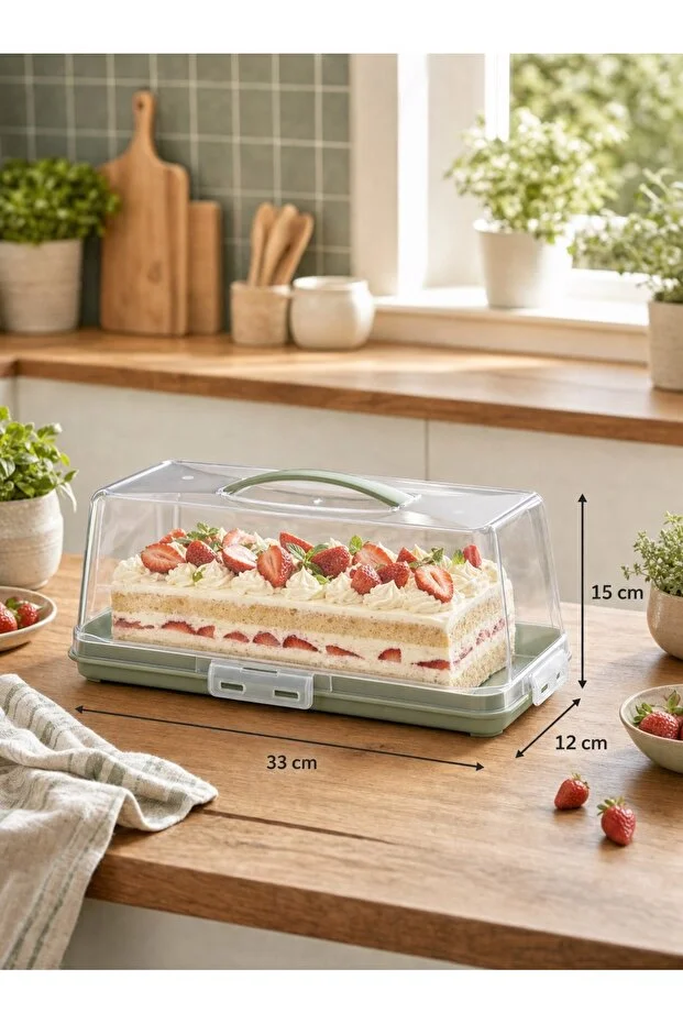Baton Kek & Pasta Saklama Kabı – Şeffaf Kapaklı, Hava Geçirmez Kilitli, Taşıma Kulplu 33x12x15 cm
